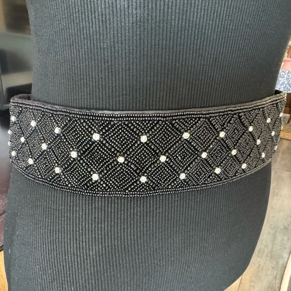 Magid Black Beaded Belt with Rhinestones